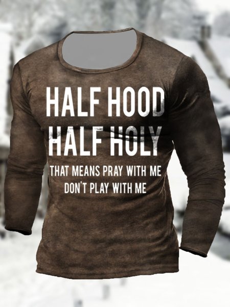 

Men's Letter Pattern Casual Round Neck Long Sleeve Tee, Brown, T-shirt