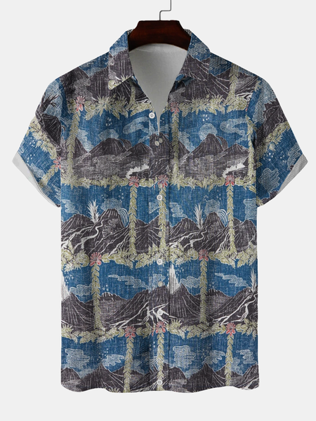 

Float World Draw Plant landscape Scenery Cotton And linen Retro Casual Shirts, As picture, Men's Floral shirt