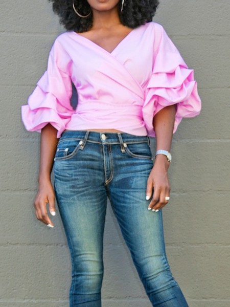 Spring V neck Elegant Daily Date Long sleeve Lightweight Tops, Pink, Tops