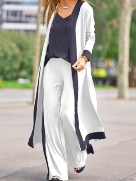 

Spring V neck Loosen Basics Top With Pants Daily Household Color Block Suits, Black, Pants Set
