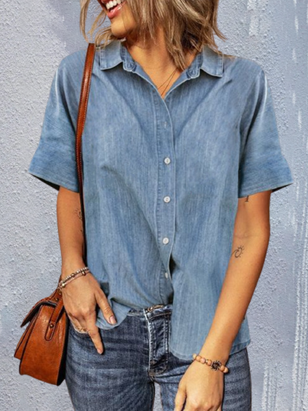 Loosen Casual Shirt Collar Shirts & Tops, Blue, Shirts & Blouses