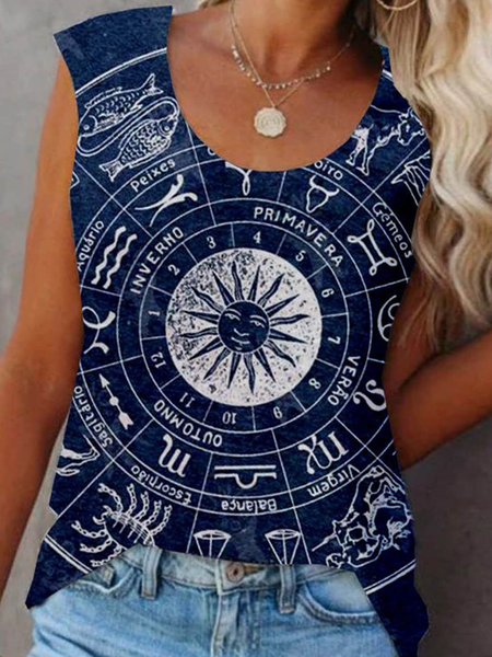 

Loosen Crew Neck Painted Tops, Blue, Tops