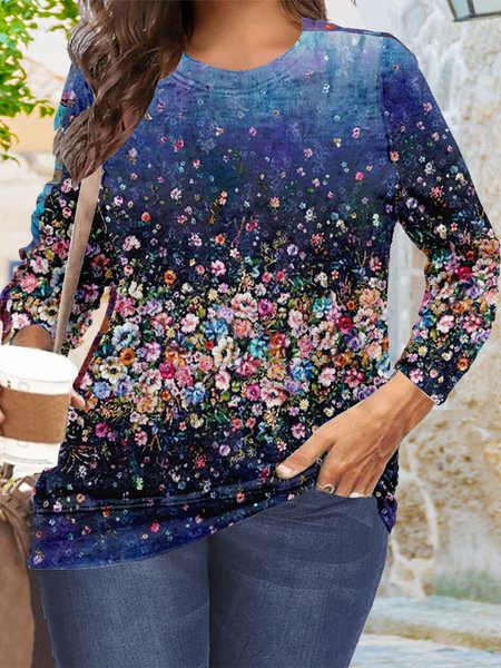

Floreale Allentare Cotone miscele Casuale Top, Blu, Blouses & Shirts