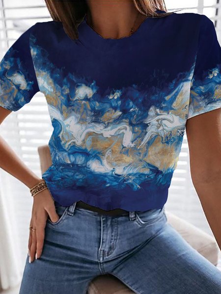 

Sea Abstract Cotton Blends Crew Neck Casual Vacation T-shirt, Blue, Tops