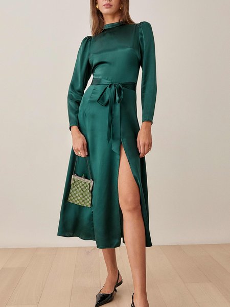 

Solid Puff Sleeve Dresses, Deep green, Midi Dresses