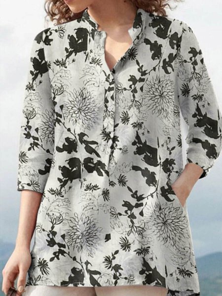 

Floral Stand Collar Loosen Shirts & Tops, Apricot, Blouses & Shirts