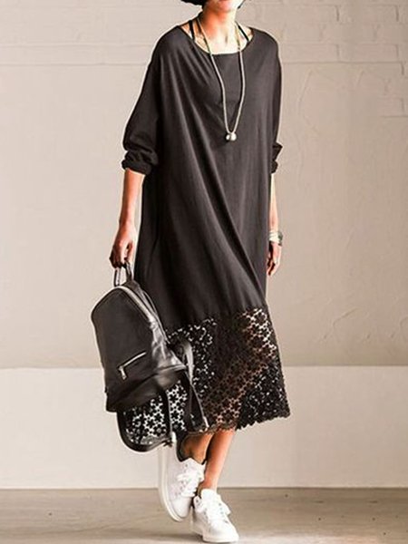 

Loosen Crew Neck Plain Midi Dress, Black, Maxi Dresses