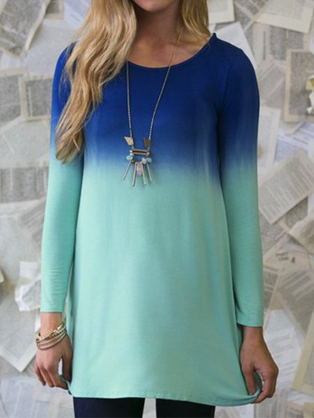 

Ombre Long Sleeve Crew Neck Plus Size Casual Women Tunic Tops, Blue, T-Shirts