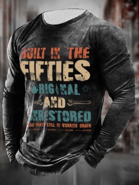 

Men's Letter Pattern Casual Round Neck Long Sleeve Tee, Color2, T-shirt