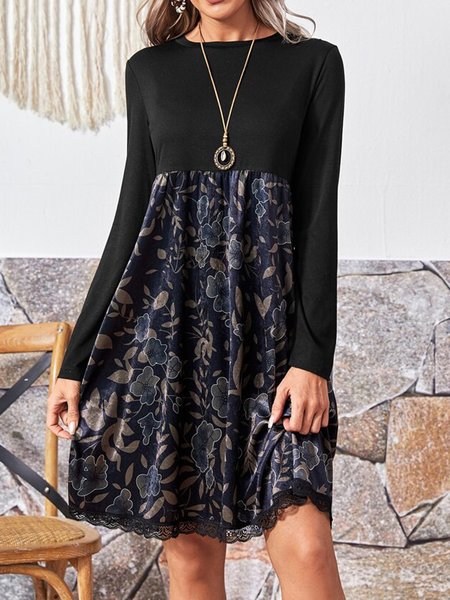 

Cotton Blends Floral Crew Neck Dresses, Black, Dresses