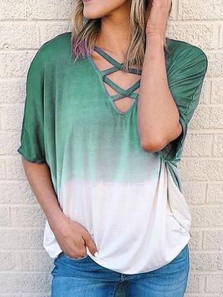 

Casual Cotton Blends V Neck Shirts & Tops, White-green, T-Shirts