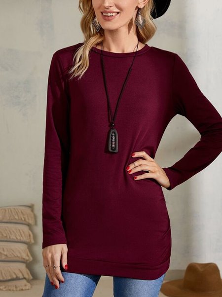 

Round neck casual elastic long top, Wine red, Tops
