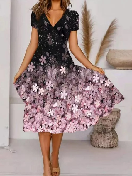 

Floral Tunic V-Neckline Midi A-line Dress, Black, Dresses