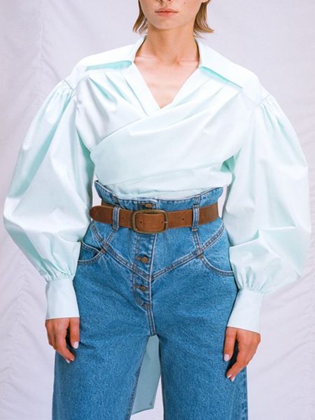 

Shirt Collar Casual Solid Regular Fit Shirts & Tops, Lightgreen, Blouses and Shirts