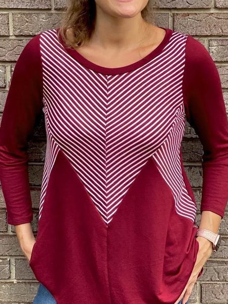

Striped Loosen Crew Neck Shirts & Tops, Red, Tops