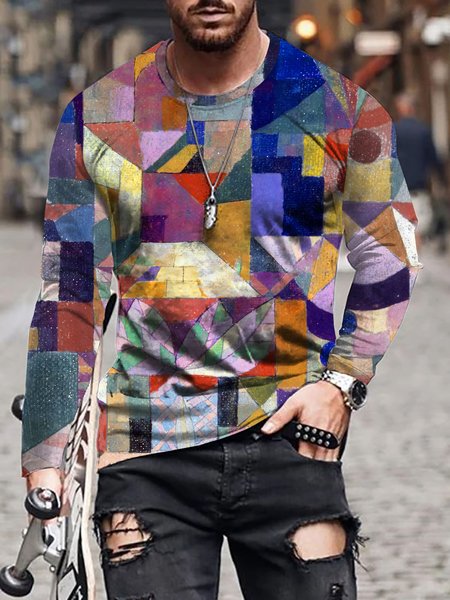 

3D Abstract Geometric Graphic Long Sleeve Casual Tee, T-shirt