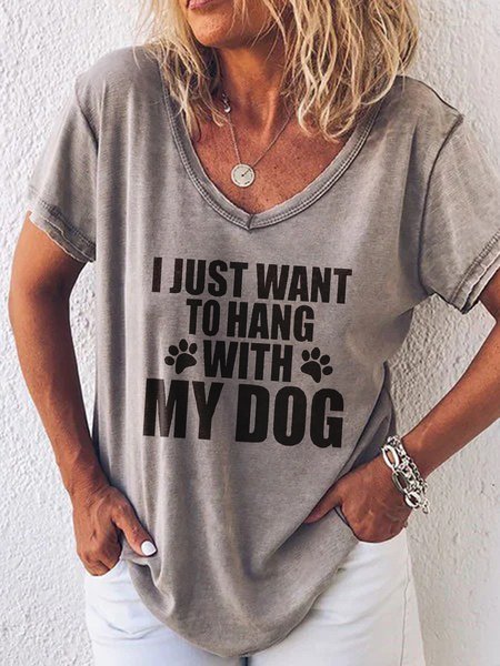 

Letters V Neck Casual Short Sleeve Loosen T-shirt, Khaki, T-Shirts