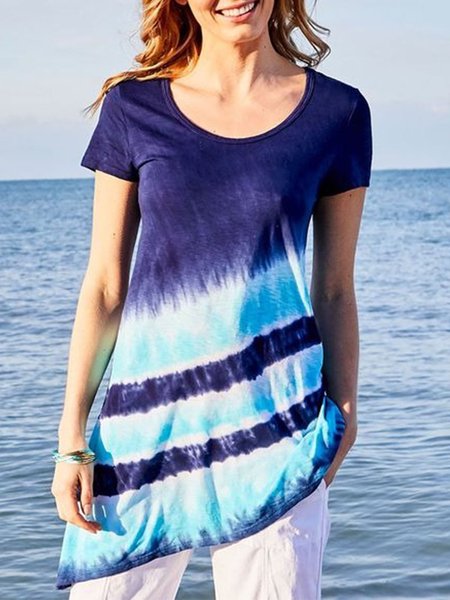 

Casual Crew Neck Printed Short Sleeve Shirts & Tops, Blue, T-Shirts