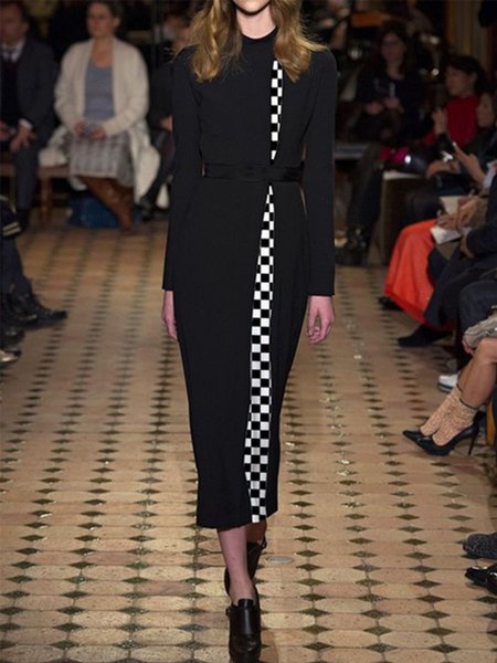 

Long Sleeve Simple High Neck Midi Dress, Black, Midi Dresses