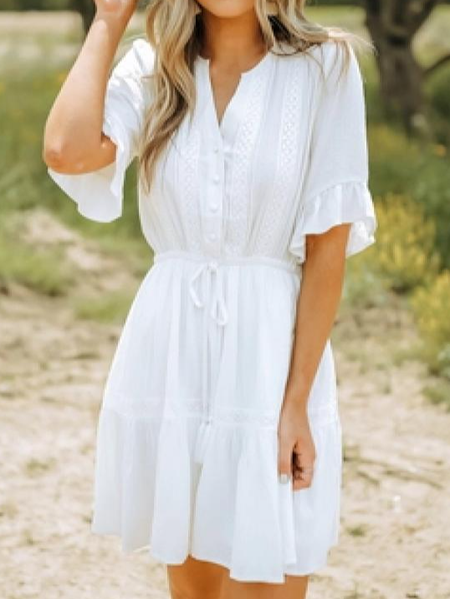 

Lace Plain Weaving Dress, White, Mini Dresses