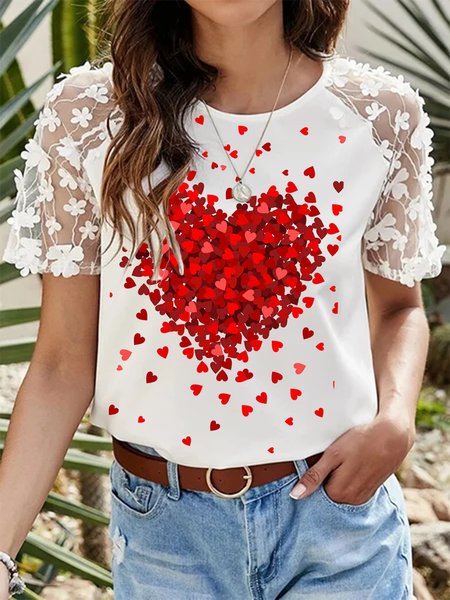 

Love Heart Print Lace Short Sleeve Casual Round Neck T-Shirts & Tops, White, Tops