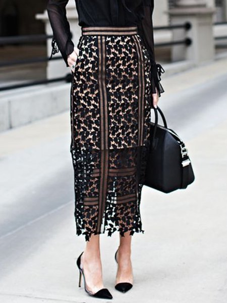 

Elegant Solid Lace Eyelet Skirt, Black, Skirts
