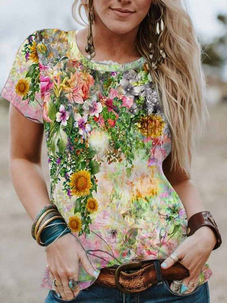 Floral Casual Crew Neck Shirts & Tops, Yellow, T-Shirts