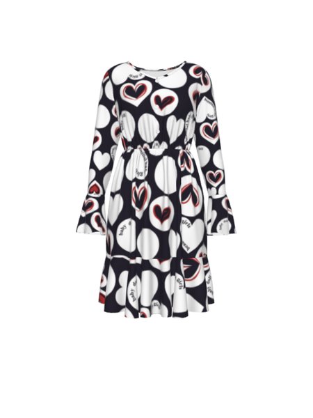 

Valentine's day black and white peach heart pattern long-sleeved A-line dress, Reddish black, Dresses
