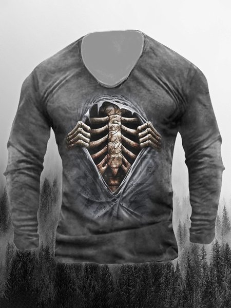 

Men's Skull Element Graphic Round Neck Long Sleeve Tee, Gray, T-shirt