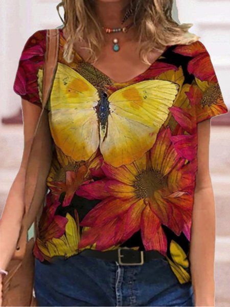 

Casual Cotton Blends Butterfly T-shirt, Red, T-Shirts
