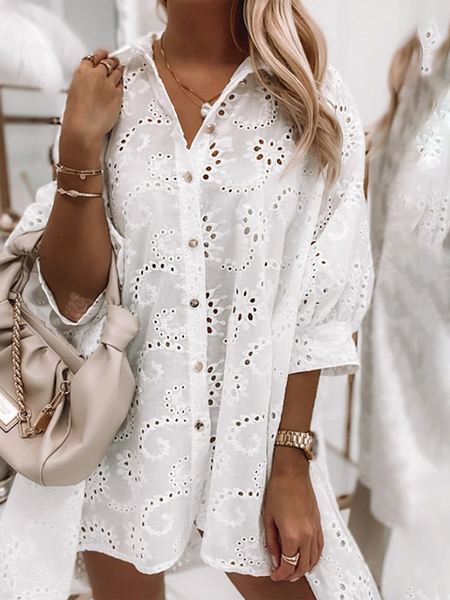 

Casual Shirt Collar Solid Split Joint Shirt Mini Dresses, White, Mini Dresses