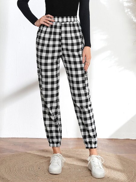 

Gingham Print Carrot Pants, Black-white, Pants