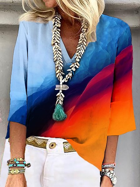 

V-neck 3/4-sleeve gradient print casual top, As picture, Tops