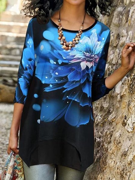 

Plus Size Boho Crew Neck Floral Loosen Shirts & Tops, Blue, T-Shirts