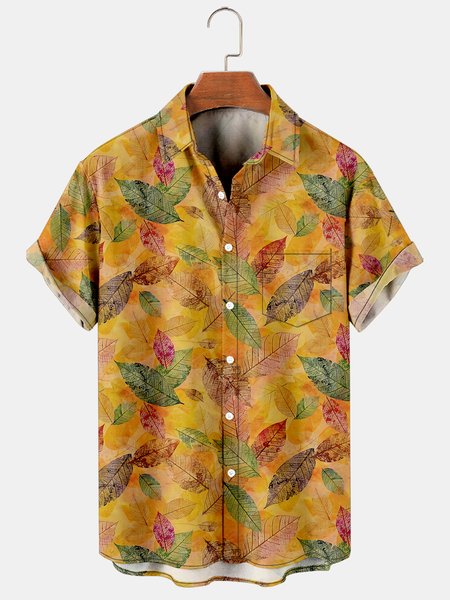

Vacation Leisure Gradual Leaf Pattern Hawaiian Style Printed Shirt Top, Yellow, Men's Floral shirt
