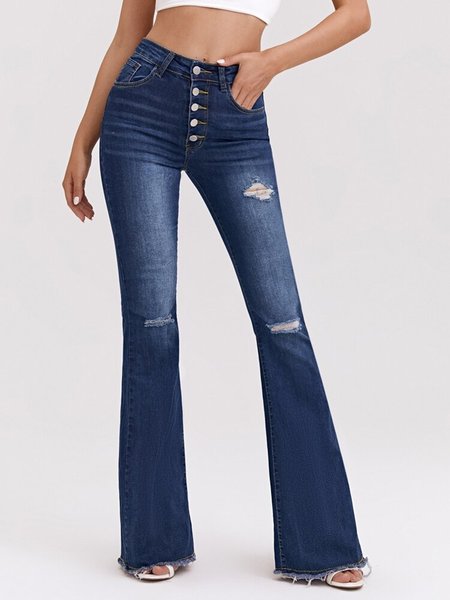 

High Waist Ripped Detail Flare Leg Jeans, Blue, Jeans