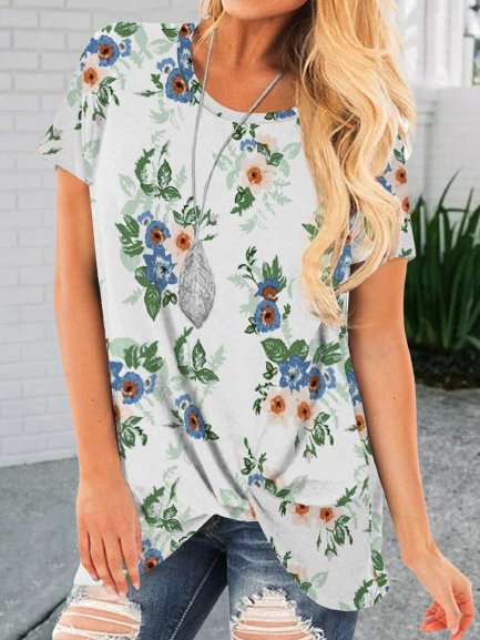 

Short Sleeve Floral Printed Crew Neck Knot Front Plus Size Casual Women Tunic Tops, White-green, T-Shirts