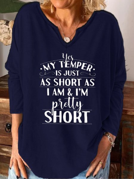 

Funny text print notched neck long sleeve shirt, Purplish blue, Long sleeves