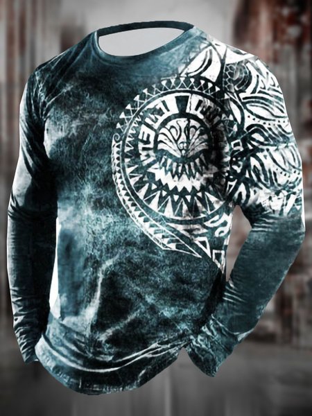 

Men's Folklore Pattern Long-sleeved Tee, Green, T-shirt