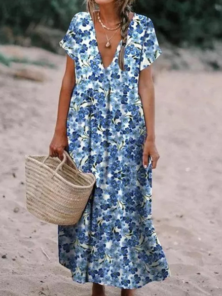 

Floral V Neck Regular Fit Casual Vacation Dresses, Blue, Dresses