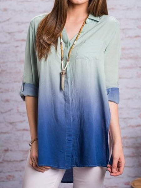 

Ombre Long Sleeve Pocket Plus Size Casual Women Tunic Shirt Tops, Blue, Blouses & Shirts
