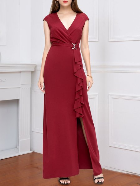 

Burgundy V-Neck Dress with Wooden Ears, Wine red, Formal Dresses