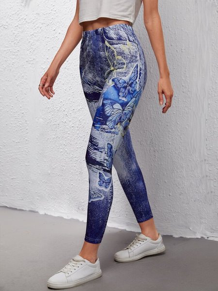 

Butterfly Print Elastic Waist Leggings, Multicolor, Leggings