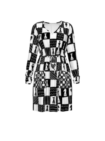

Valentine's day black and white peach heart pattern long-sleeved A-line dress, Black-white, Dresses