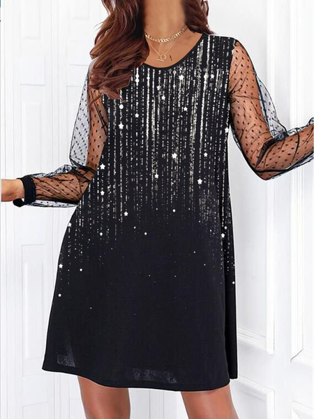 

Long sleeve round neck wave dot dot mesh stitching starry sky gradient knitting a pendulum middle group dress party vacation Plus Size, Black, Casual Dresses