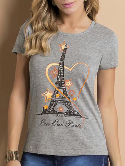 

Eiffel Tower gold love star pattern short-sleeved T-shirt Casual Shirts & Tops, Light gray, Tees & T-shirts