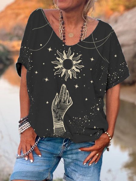 

Boho V Neck Star Shirts & Tops, Black, T-Shirts