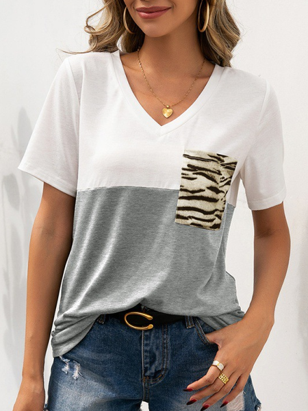 

Casual V Neck Cotton Blends T-shirt, Gray, T-Shirts