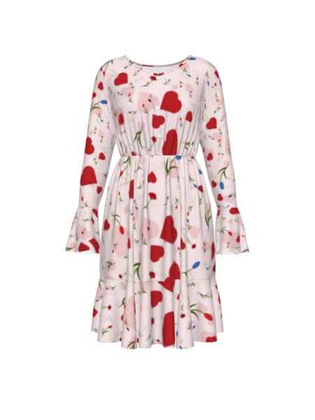 

Peach heart floral pattern long-sleeved A-line dress, Red, Dresses