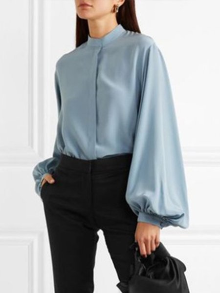 

Elegant Solid Bishop Sleeve Top, Grey-blue, Blouses and Shirts